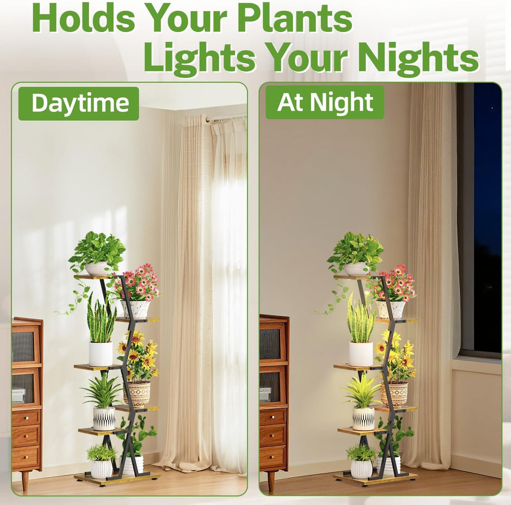 5-Tier Corner Plant Stand with Grow Light, Metal Wood Flower Rack for Indoor Balcony Display