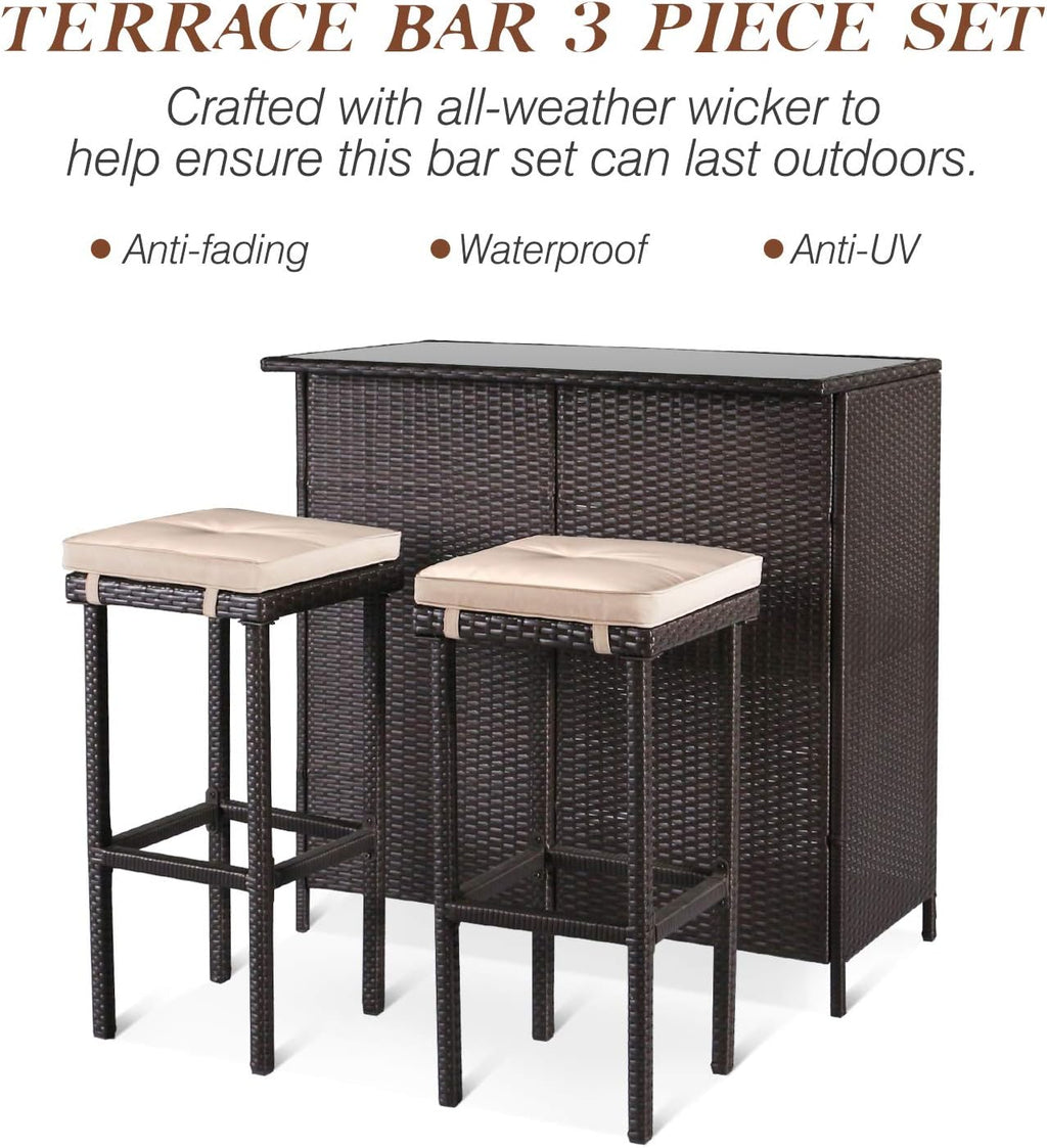 SOLAURA 3-Piece Outdoor Patio Bar Set Black Brown Wicker Bar Table Set Patio Furniture and Two Stools with Cushions for Backyards, Lawn, Garden or Poolside
