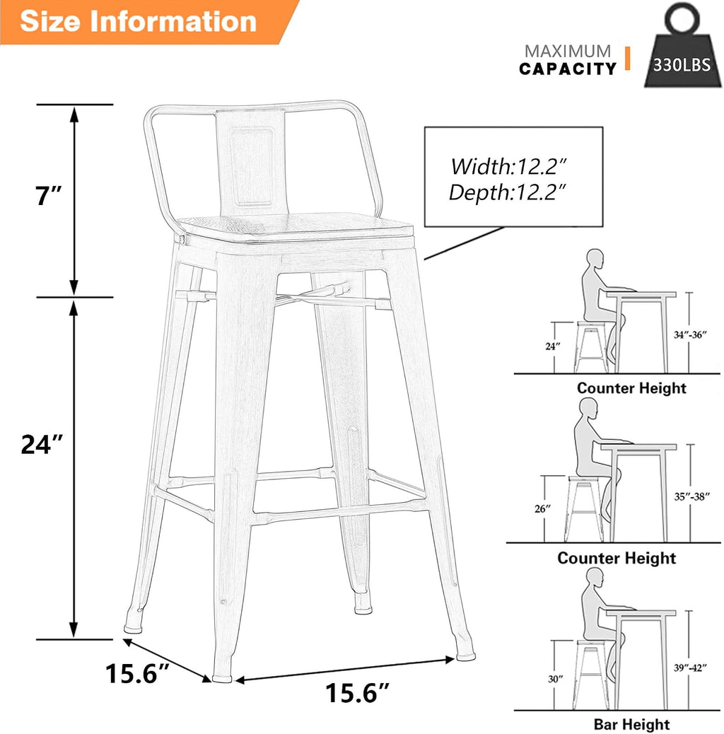 Yongchuang 24" Metal Barstools Set of 4 Counter Bar Stools with Wood Top Low Back Matte Black