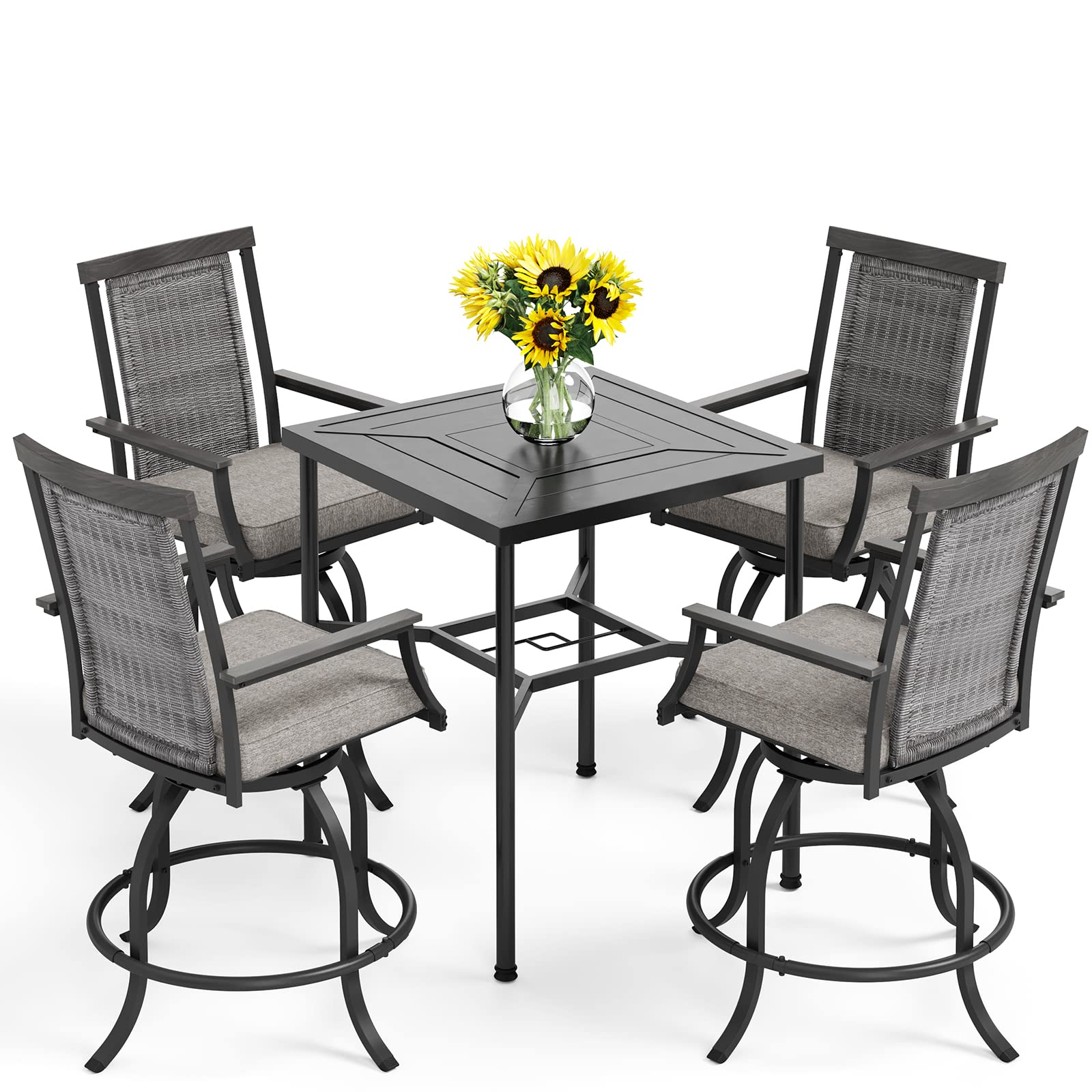 PHI VILLA 7 Piece Outdoor Bar Set, Counter Height Patio Bar Furniture Rectangle Dining Table and 6 Swivel Bar Stools Chairs with Brown Textilene Fabric for Garden,Yard and Deck