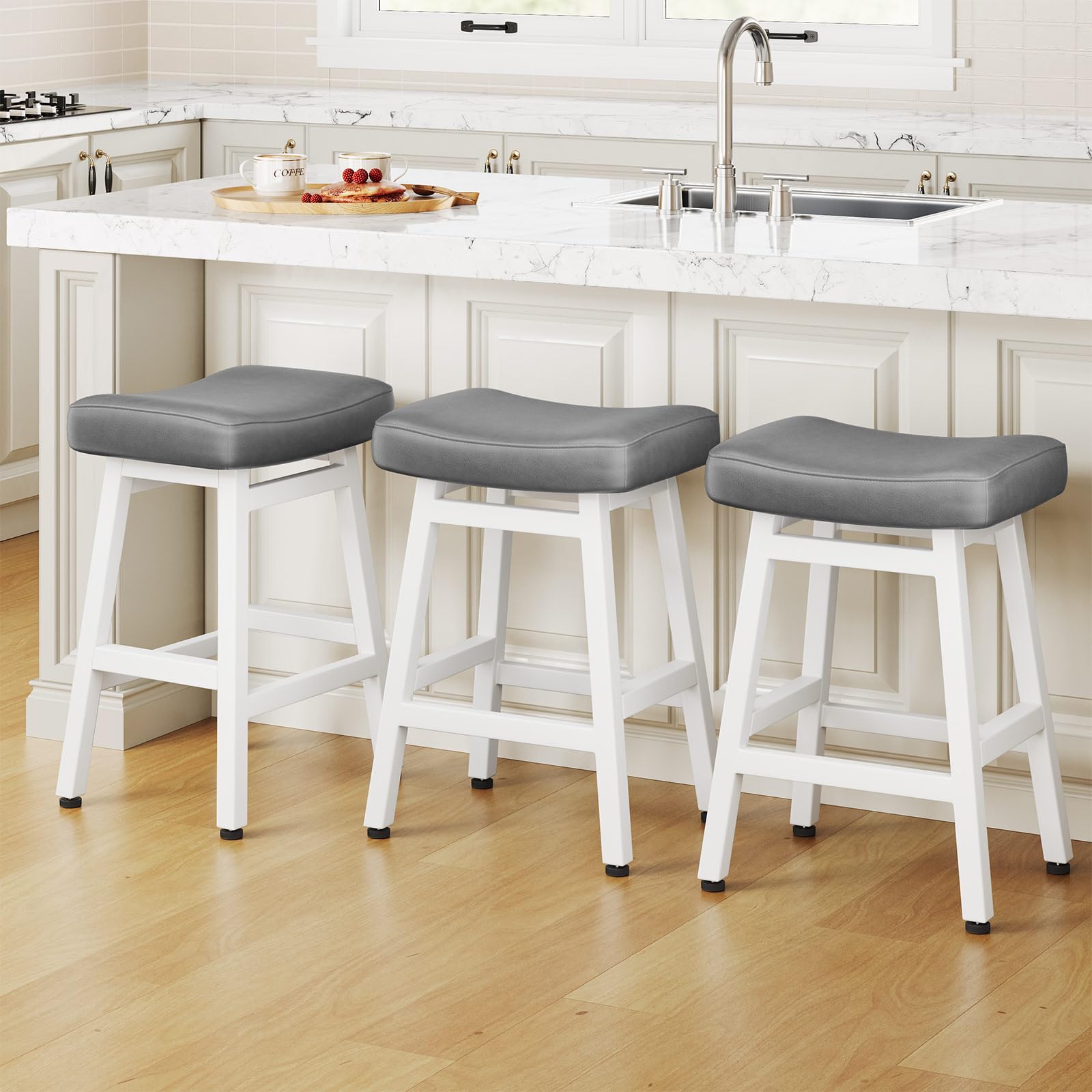 Raynesys Counter Height Bar Stools Set of 2, 24 Inch Barstools for Kitchen Counter, Kitchen Stools with Bonded Leather Saddle Seats & Heavy Duty Metal Legs, Easy Assembly, All Black