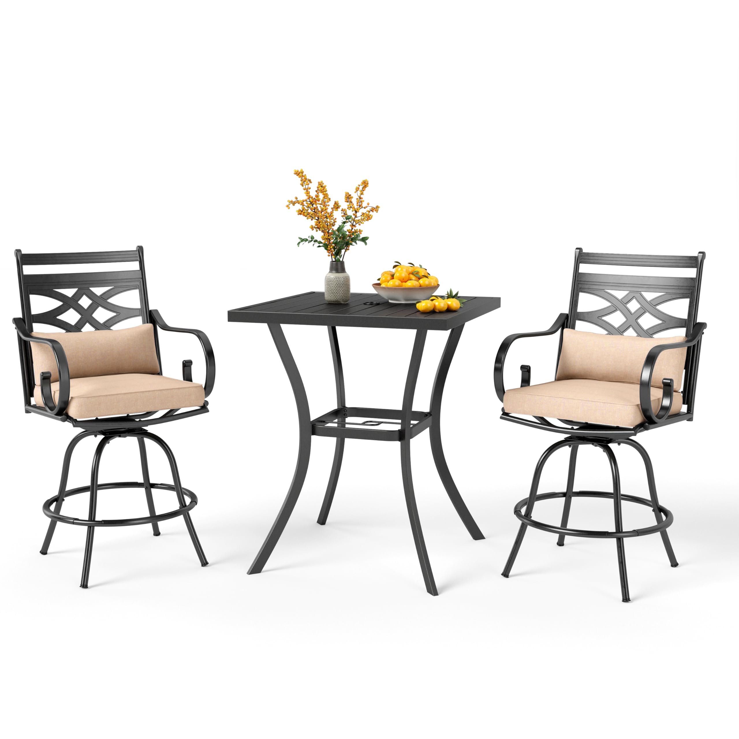 PHI VILLA 7 Piece Outdoor Bar Set, Counter Height Patio Bar Furniture Rectangle Dining Table and 6 Swivel Bar Stools Chairs with Brown Textilene Fabric for Garden,Yard and Deck
