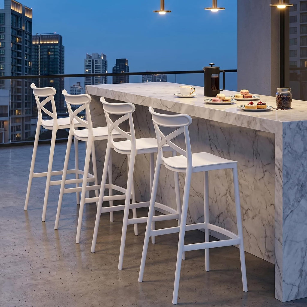 4 Pack White Stackable 30" Plastic Bar Stools with Backs Indoor Outdoor Use...