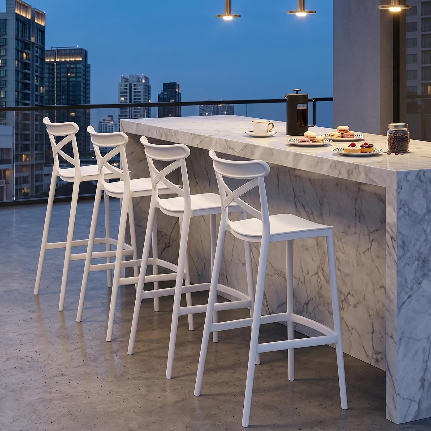 4 Pack White Stackable 30" Plastic Bar Stools with Backs Indoor Outdoor Use...