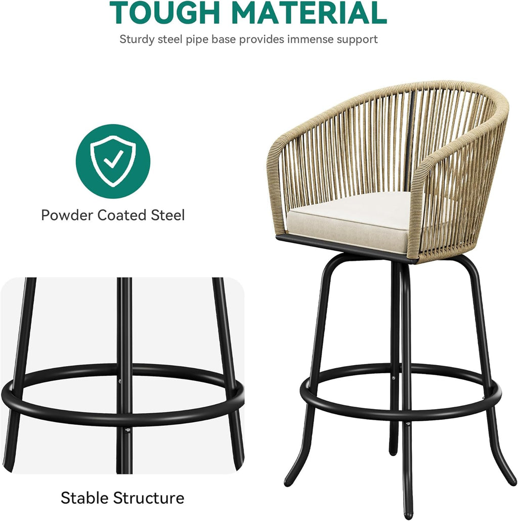 YITAHOME Counter Height Bar Stools Set of 2, Outdoor Bar Stools with Soft Cushions, Patio Rattan Swivel Bar Chairs for Backyard Poolside, Garden w /360 Rotation (Beige)