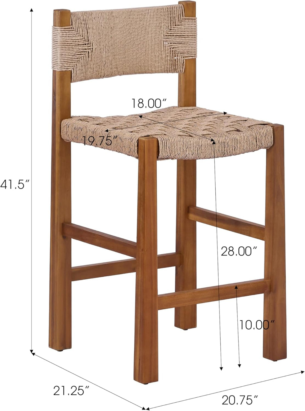 Christopher Knight Home 2-Pack Outdoor Counter Height Bar Stools with Backrest, Acacia Wood Frame Woven Wicker, 28" Patio Bar Chairs with Teak Finish for Deck Balcony Outdoor Bar Table, Light Brown