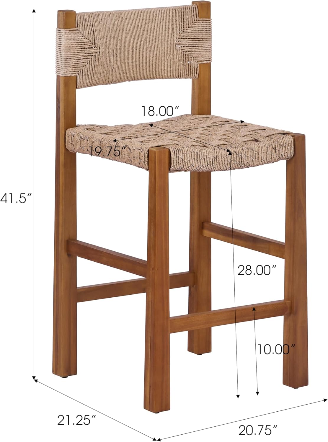Christopher Knight Home 2-Pack Outdoor Counter Height Bar Stools with Backrest, Acacia Wood Frame Woven Wicker, 28" Patio Bar Chairs with Teak Finish for Deck Balcony Outdoor Bar Table, Light Brown