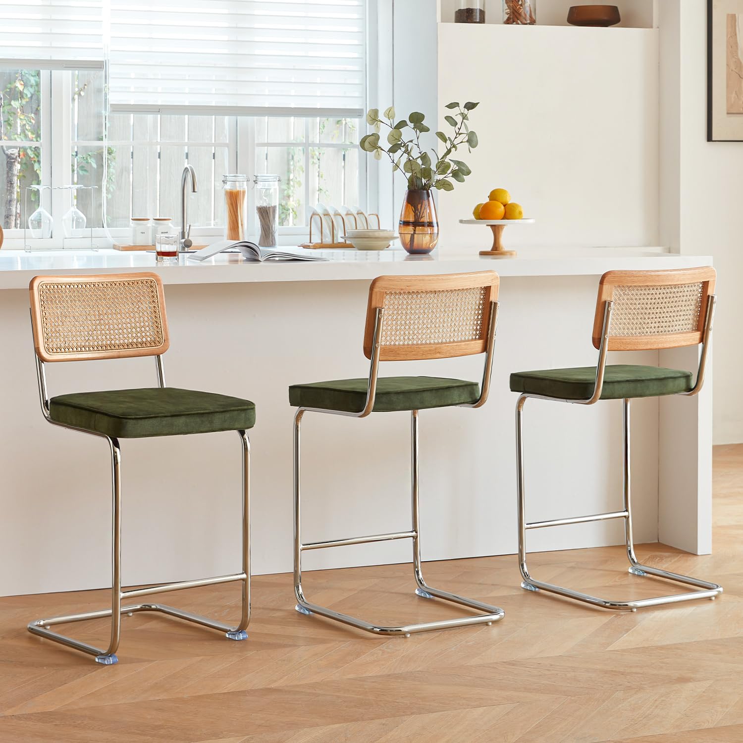 GrandNoor Natural Rattan Bar Stools Set of 2 with Solid Wood Back, 24 Inch Mid Century Modern Counter Height Stools, Green Upholstery Boho Stool for Kitchen Counter with Chrome Metal Legs