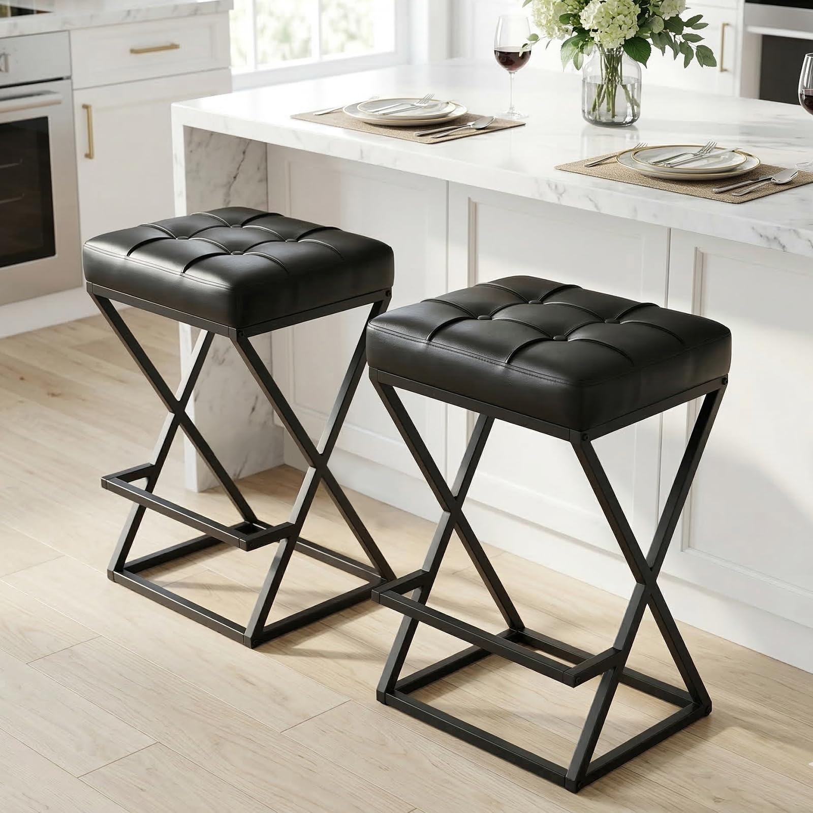 2 Pack Walnut Brown Faux Leather Backless Counter Stools with Metal X Frame Legs