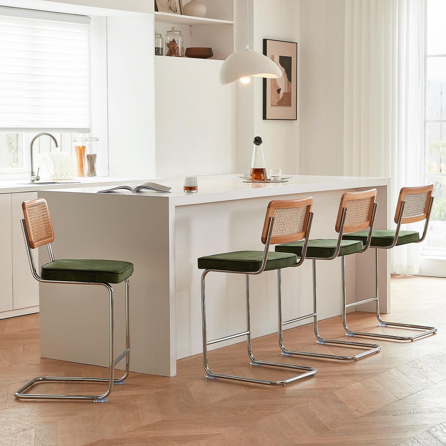 GrandNoor Natural Rattan Bar Stools Set of 2 with Solid Wood Back, 24 Inch Mid Century Modern Counter Height Stools, Green Upholstery Boho Stool for Kitchen Counter with Chrome Metal Legs
