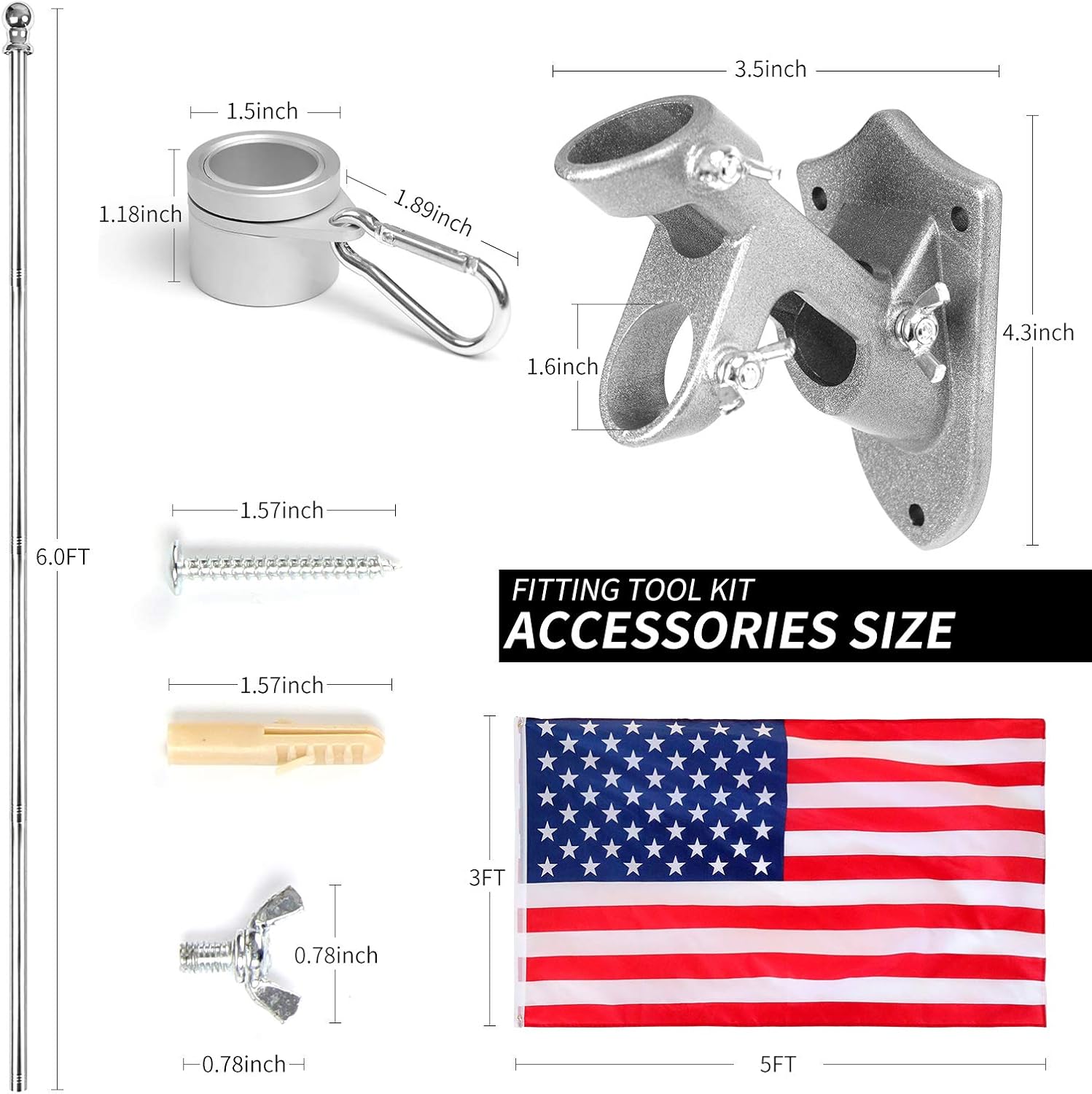Quarut House Flag Pole Kit,Including 6Ft Stainless Steel Flag Pole,Heavy Duty Nylon 3x5 Ft American Flag,Aluminum Alloy Rings and Bracket.Wall Mounted Flagpole Set for Residential Commercial（Silvery）