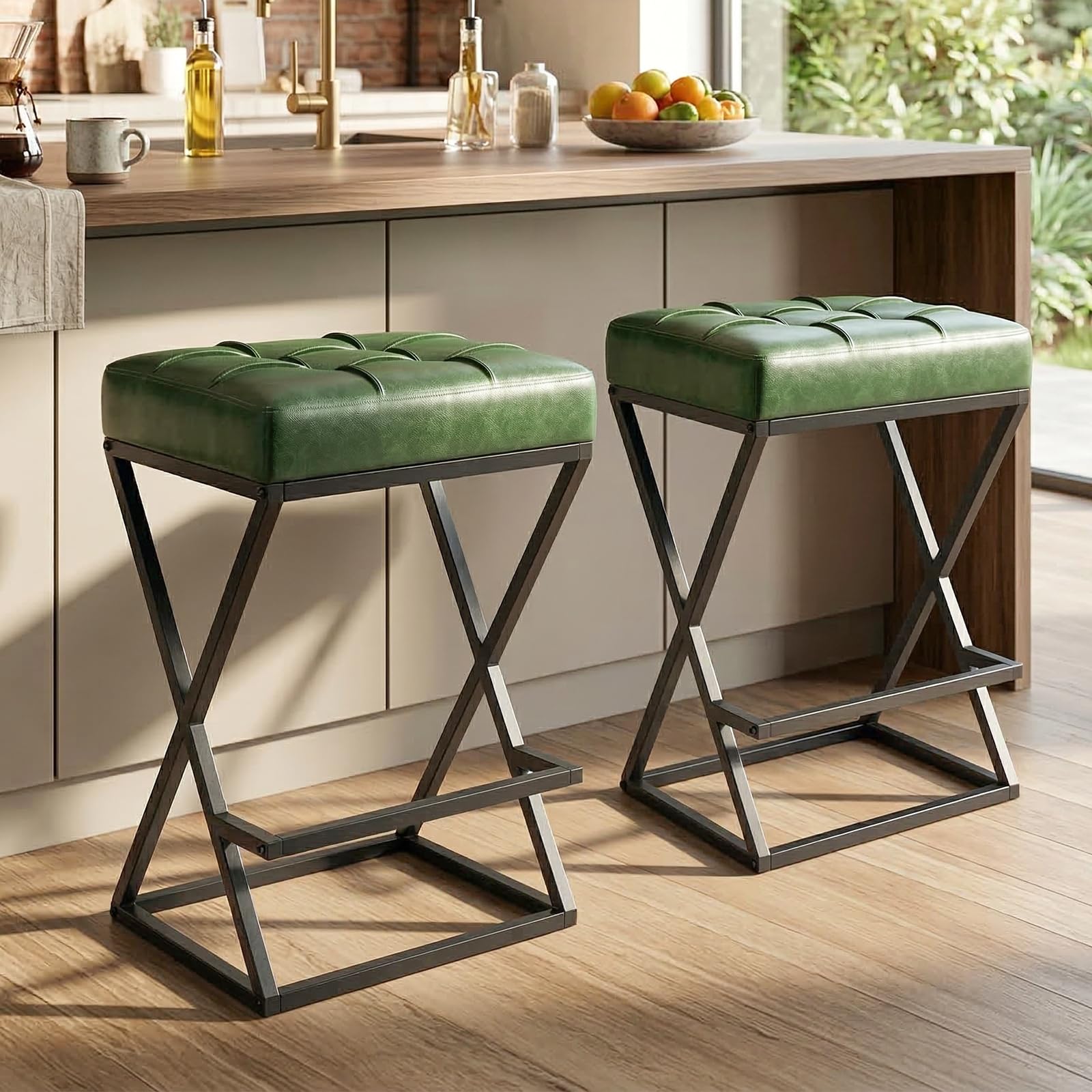 2 Pack Walnut Brown Faux Leather Backless Counter Stools with Metal X Frame Legs