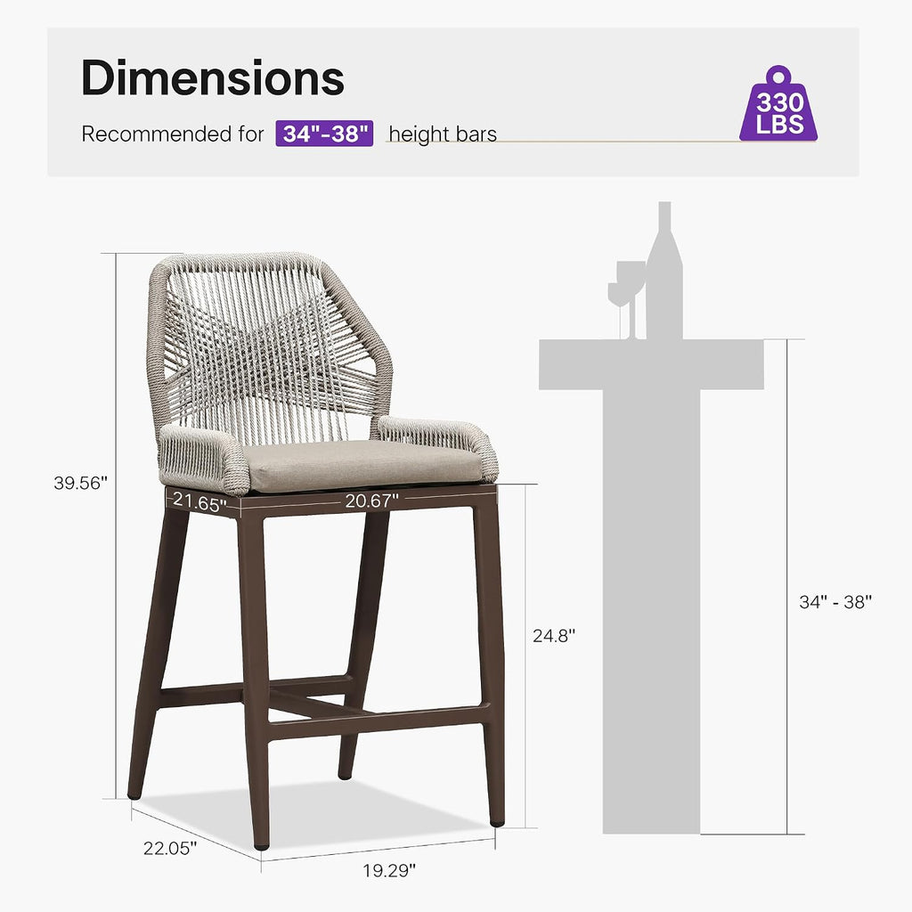 PURPLE LEAF Patio Sunbrella Counter Height Bar Stools 24" H Set of 2 Modern Rattan Bar Chairs Aluminum Stool Outdoor Wicker Barstools with Back and Cushion for Garden Kitchen Island