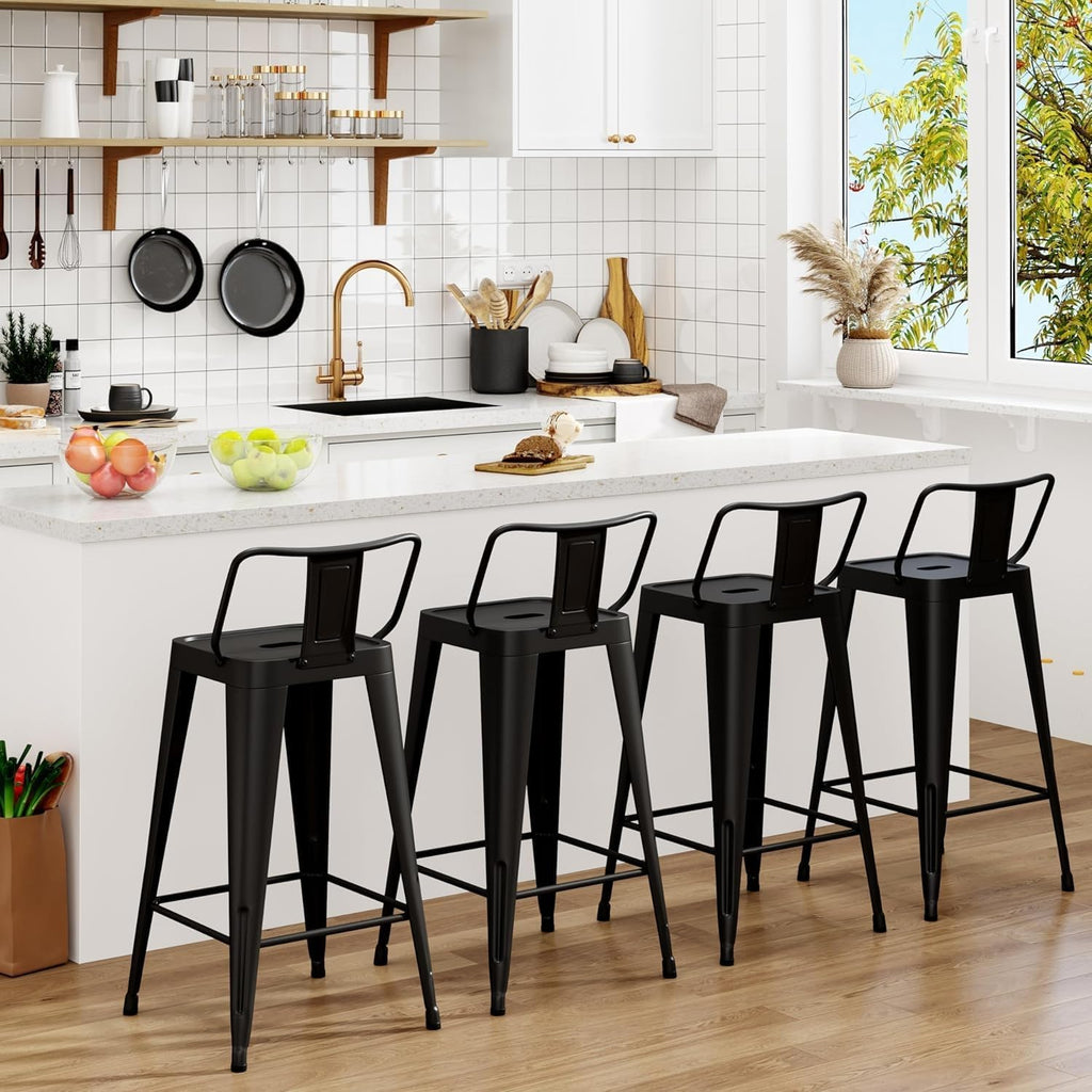 Metal Bar Stools Set of 4 Barstools Indoor/Outdoor Counter Height Bar Stools Bar Chairs with Back 24" Counter Height for Kitchen Island Dining Room (Black, 24inch)