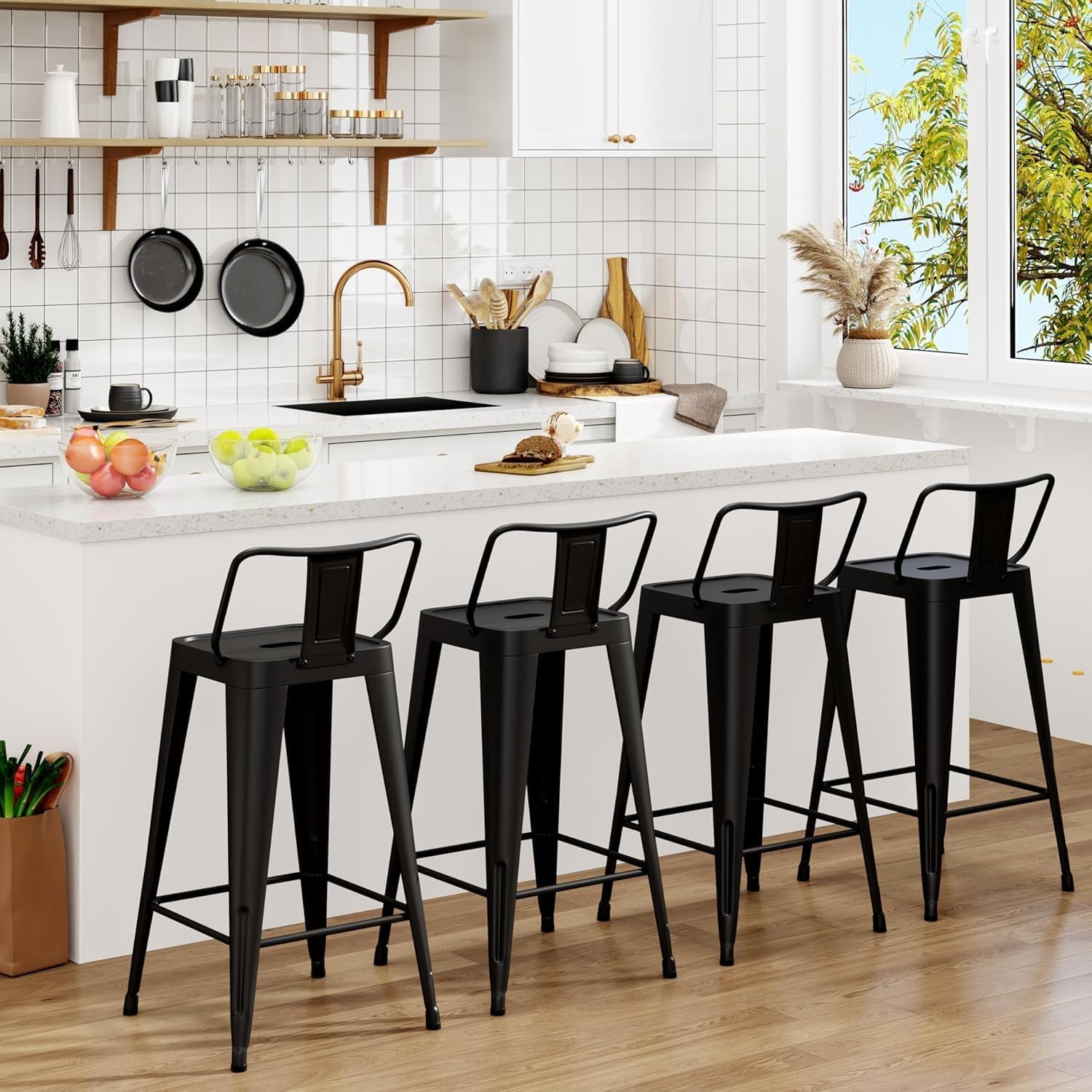 Metal Bar Stools Set of 4 Barstools Indoor/Outdoor Counter Height Bar Stools Bar Chairs with Back 24" Counter Height for Kitchen Island Dining Room (Black, 24inch)