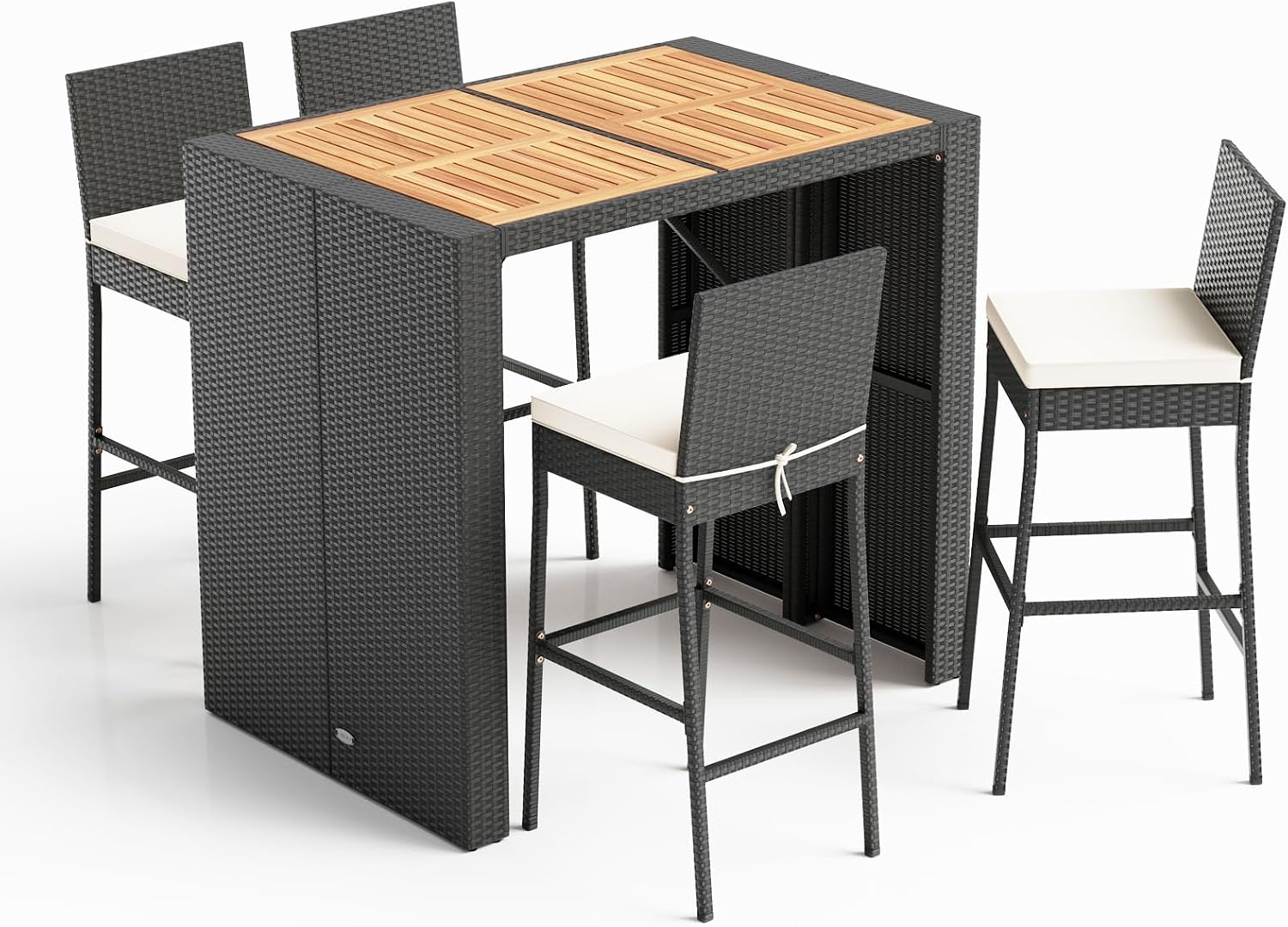 HAPPYGRILL 5 Pieces Outdoor Rattan Bar Set with 4 Cushioned Bar Stools, Height Table, Wicker Patio Bar Set Dining Set for Poolside Deck Backyard