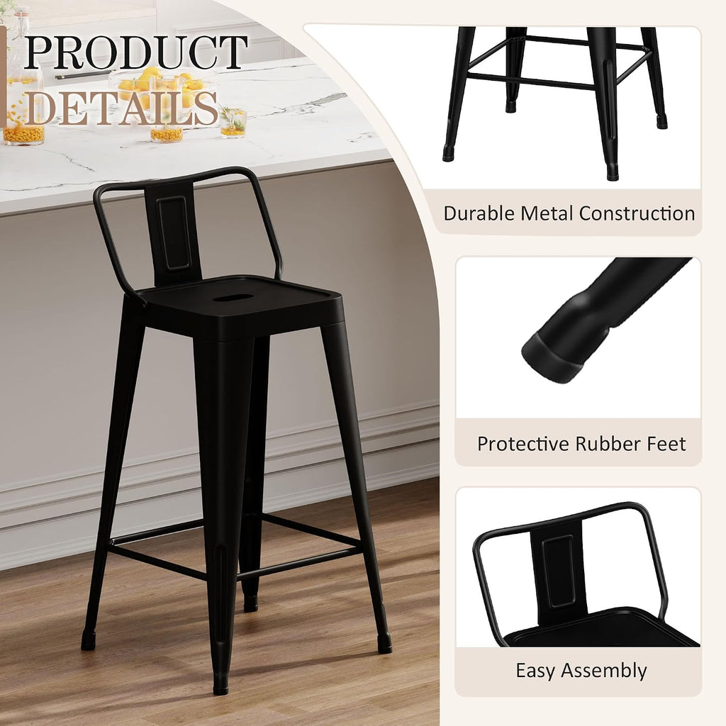 Metal Bar Stools Set of 4 Barstools Indoor/Outdoor Counter Height Bar Stools Bar Chairs with Back 24" Counter Height for Kitchen Island Dining Room (Black, 24inch)