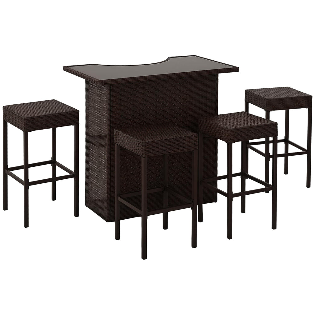 Outsunny 5 Piece Wicker Outdoor Bar Set, High Top Outdoor Table and Chairs, Height Patio Set with Glass Table Top 2 Tier Storage Shelf and 4 Bar Stools for Garden, Poolside, Dark Gray