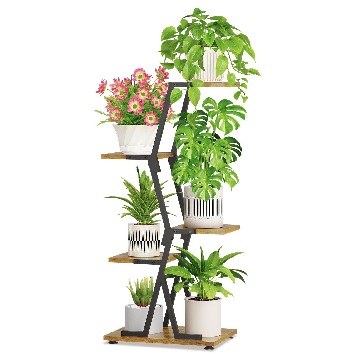 5-Tier Corner Plant Stand with Grow Light, Metal Wood Flower Rack for Indoor Balcony Display