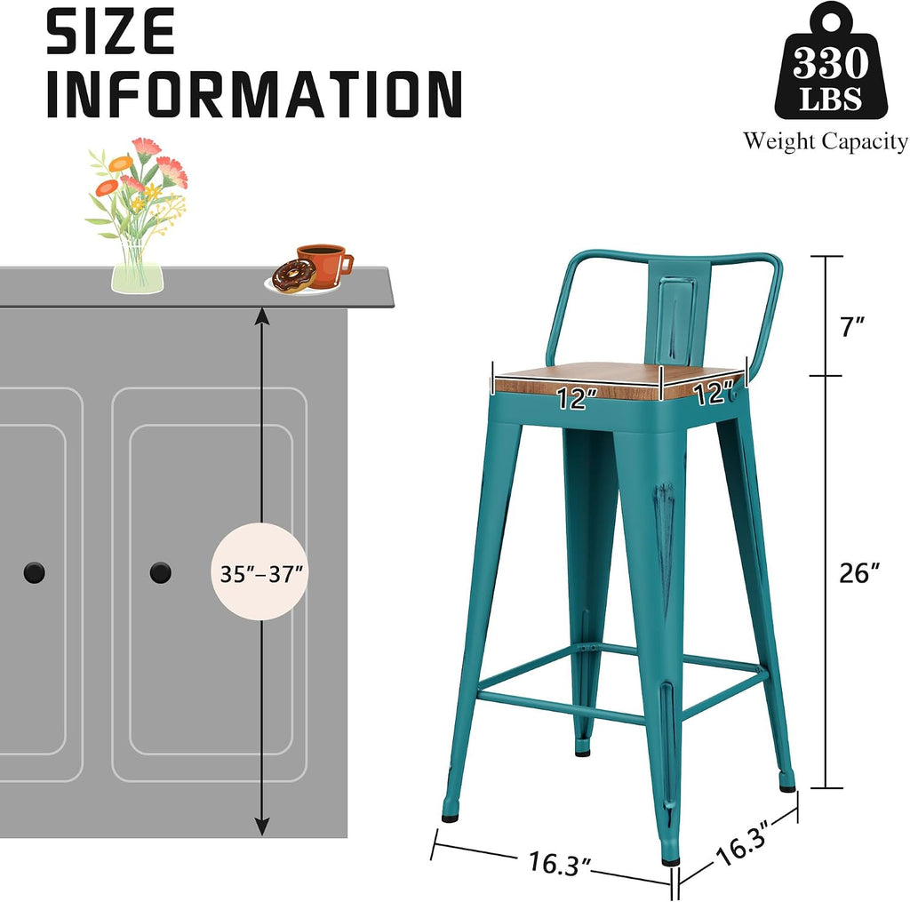 Alunaune 26" Metal Bar Stools Set of 4 Industrial Counter Height Barstools Kitchen Counter Stool Modern Wood Seat-Distressed Teal