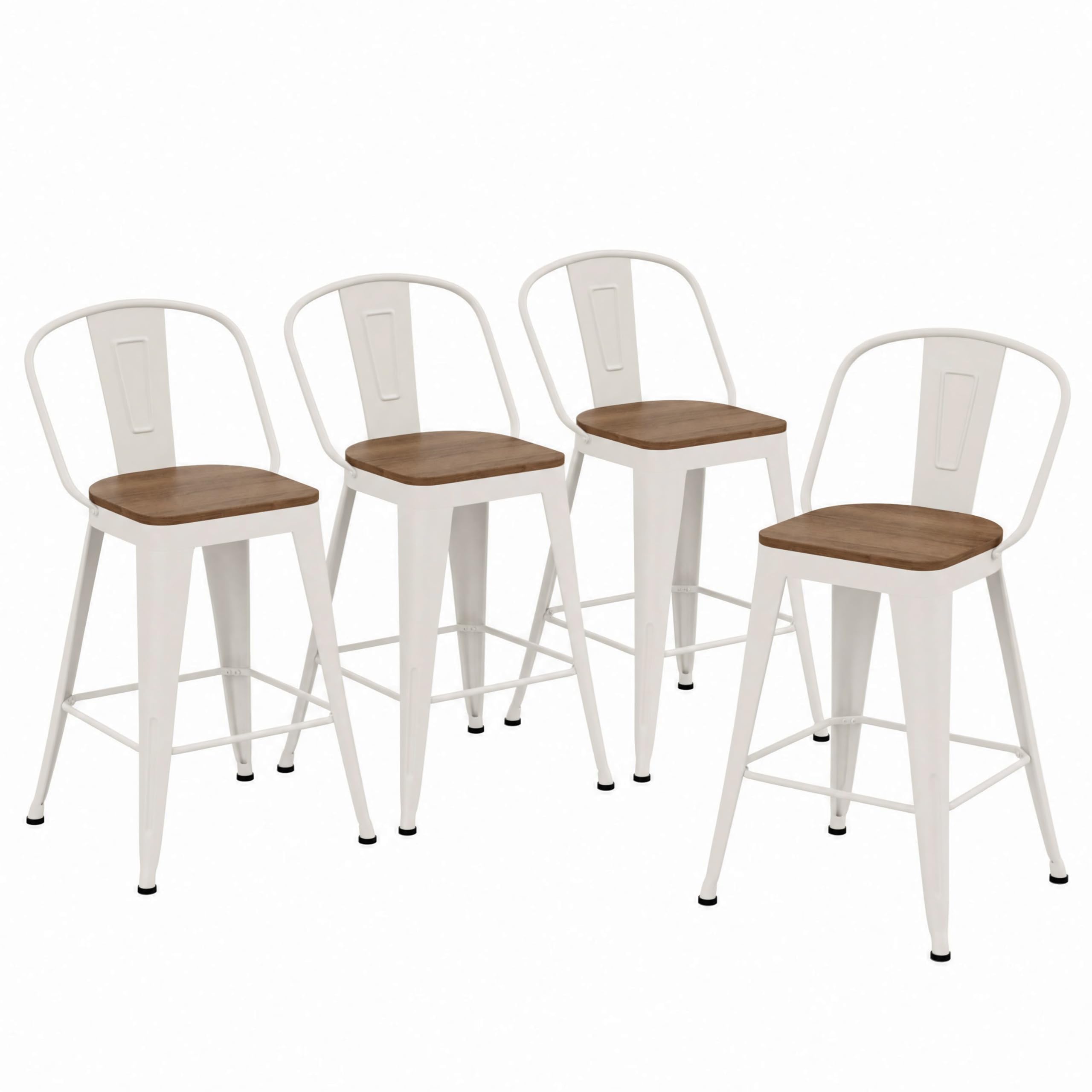 26 inch Bar Stools Set of 4, Black Metal High Back Counter Height Barstools with Large Wooden Seat Modern Farmhouse Kitchen Bar Chairs