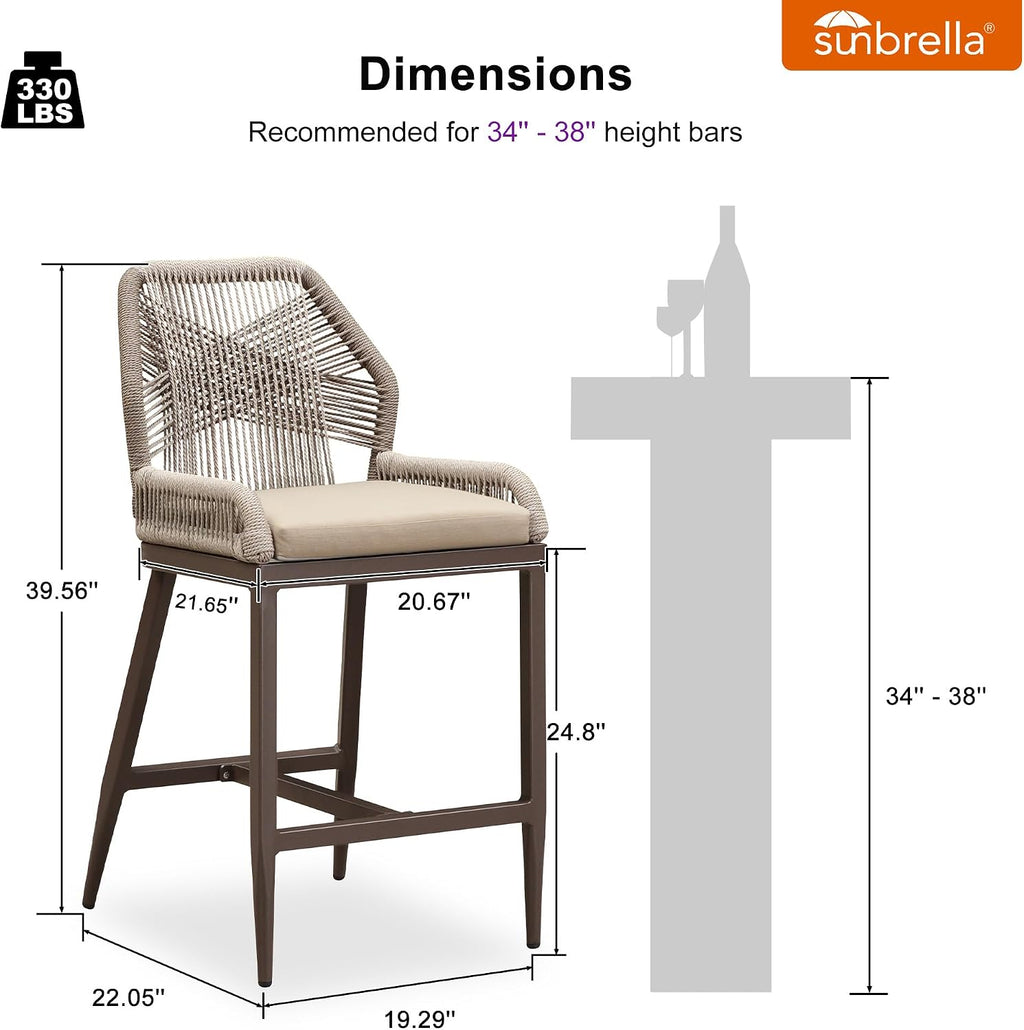 PURPLE LEAF Patio Counter Height Bar Stools 24" H Set of 2 Modern Rattan Bar Chairs Aluminum Stool Outdoor Wicker Barstools with Back and Cushion for Garden Kitchen Island