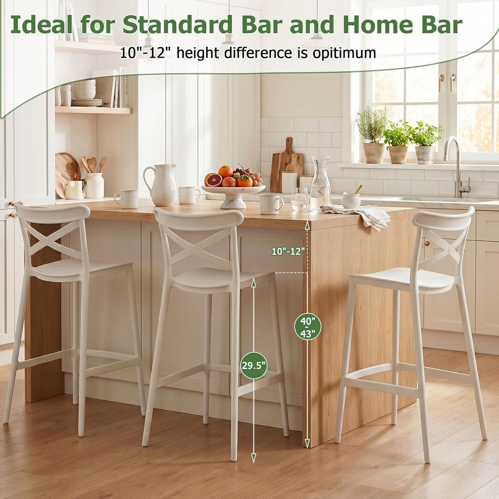 4 Pack White Stackable 30" Plastic Bar Stools with Backs Indoor Outdoor Use...