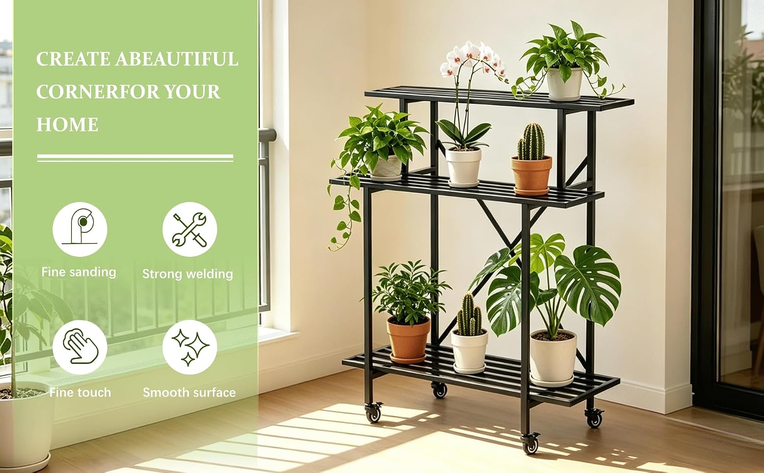 Zhongma 3 Tier Sturdy Plant Stand with Wheels, Heavy Duty Plant Holder for Home Indoor and Outdoor, L35.43 xW17.32 x H41.73 inch