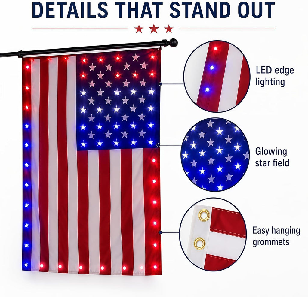 Lighted American Flag 3x5 FT, American Flag with Red White Blue LED Lights, Light Up Stars and Stripes Flag for Porch Wall Yard Patio, Patriotic Outdoor Decor for July 4th Memorial Day Veterans Day (Flag)