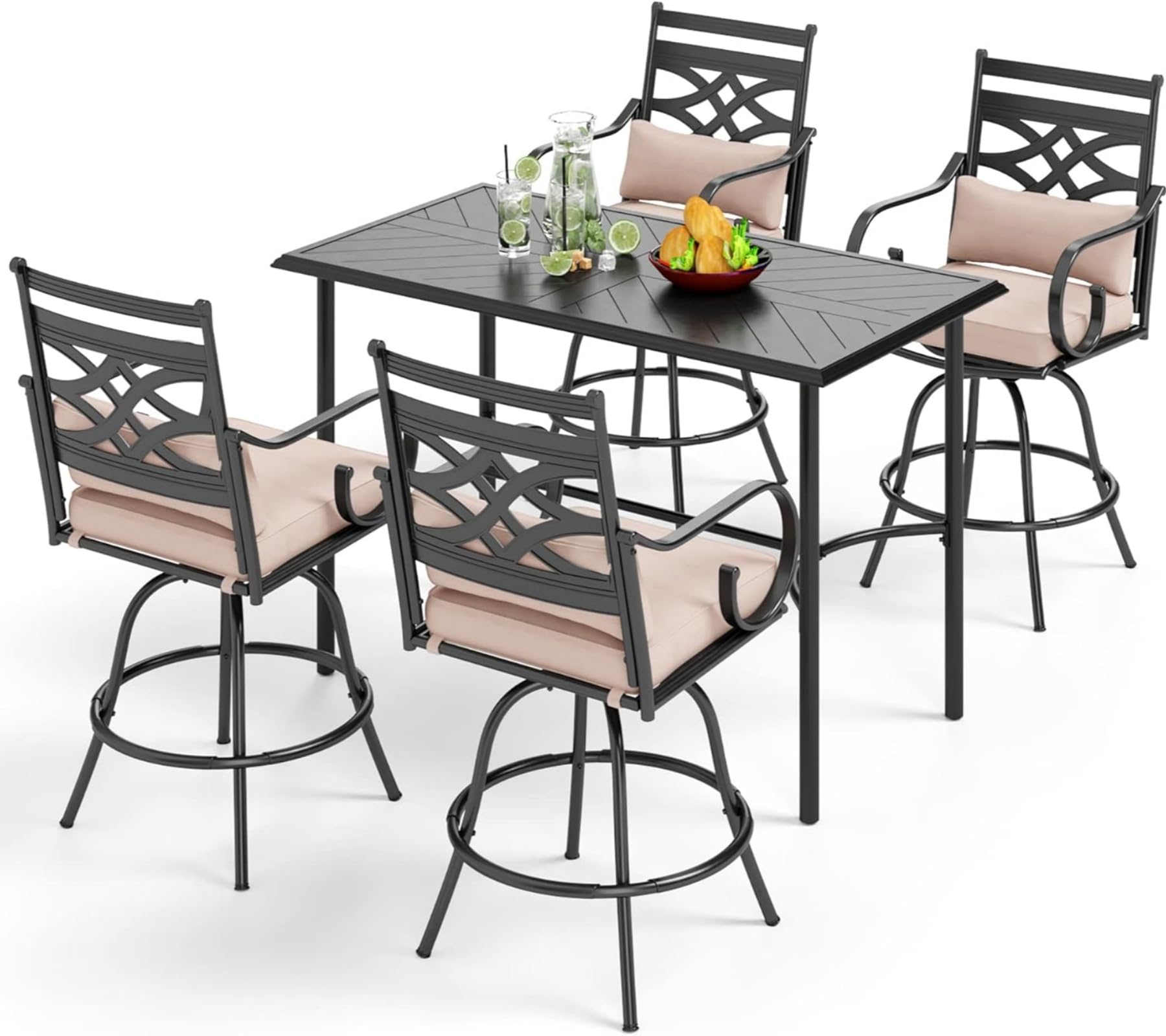 PHI VILLA 7 Piece Outdoor Bar Set, Counter Height Patio Bar Furniture Rectangle Dining Table and 6 Swivel Bar Stools Chairs with Brown Textilene Fabric for Garden,Yard and Deck