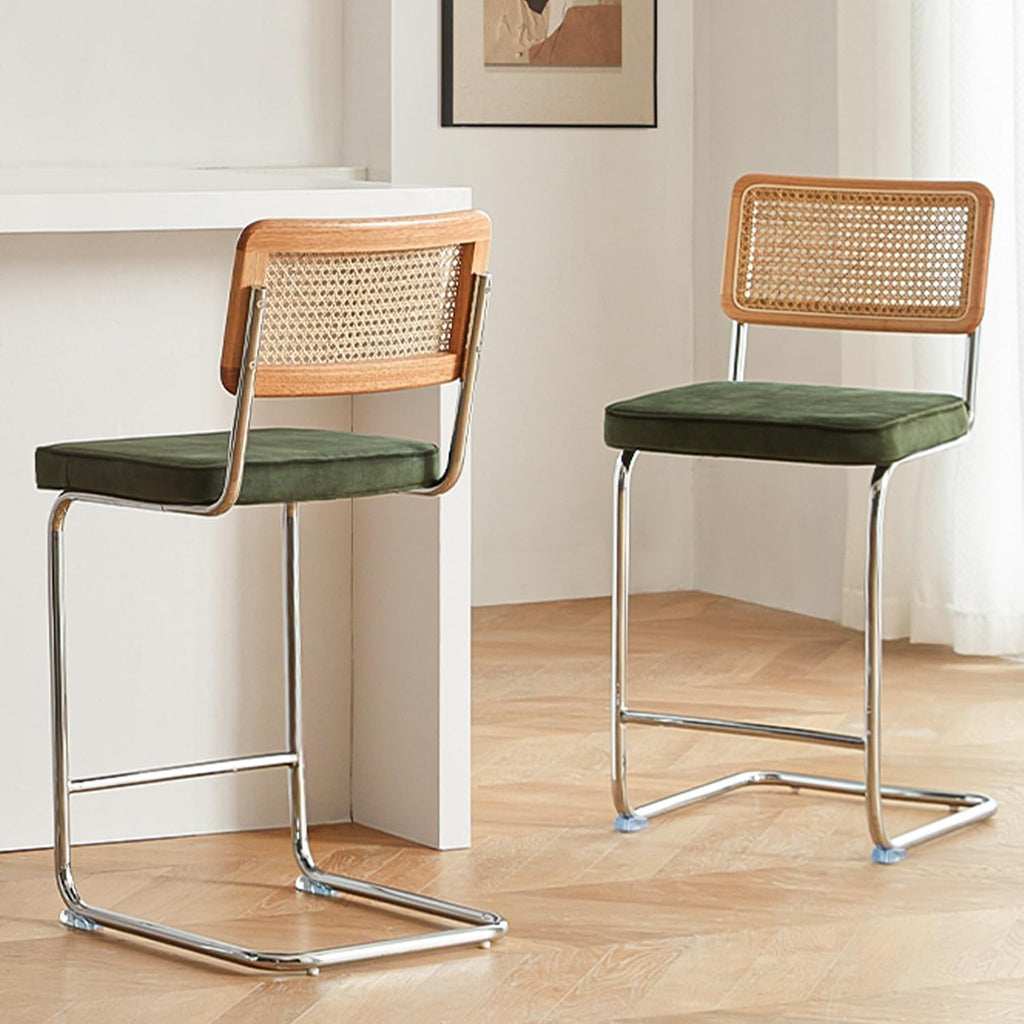 GrandNoor Natural Rattan Bar Stools Set of 2 with Solid Wood Back, 24 Inch Mid Century Modern Counter Height Stools, Green Upholstery Boho Stool for Kitchen Counter with Chrome Metal Legs