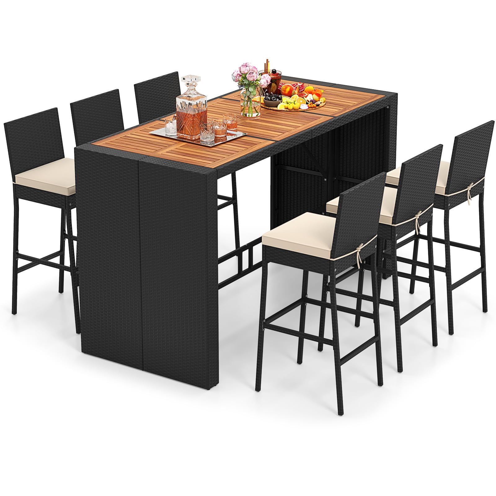 Tangkula 5 Piece Patio Wicker Bar Set, Patiojoy Outdoor Acacia Wood Bar Height Table & 4 Rattan Bar Stool Chairs with Backrest and Footrest, Outdoor Dining Bistro Set