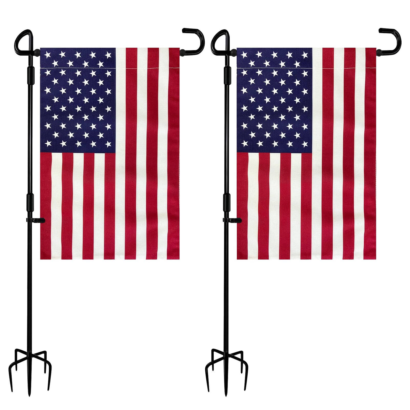 TOPFLAGS Garden Flag Stand with American Flag Garden Flag Metal Yard Flag Holder Pole Stake Small Flag Stands for Garden Flags 12 x 18 with Clips and Stopper 2 Pack