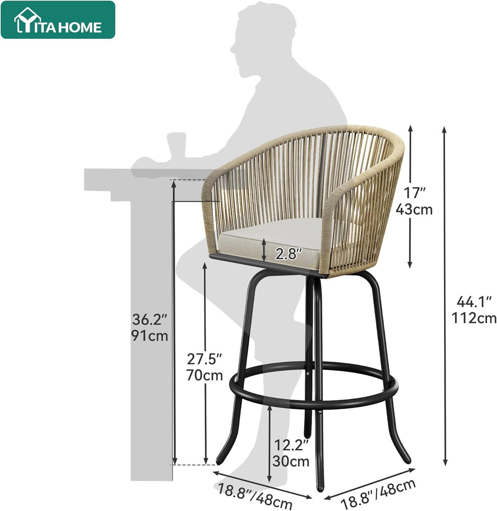 YITAHOME 27" Bar Stools Set of 2 with Arms & Cushions, 360° Swivel Outdoor Bar Stools, All Weather Counter Height Bar Stools Set of 2 with Curved Back for Backyard, Kitchen Island, Dining Room, Beige