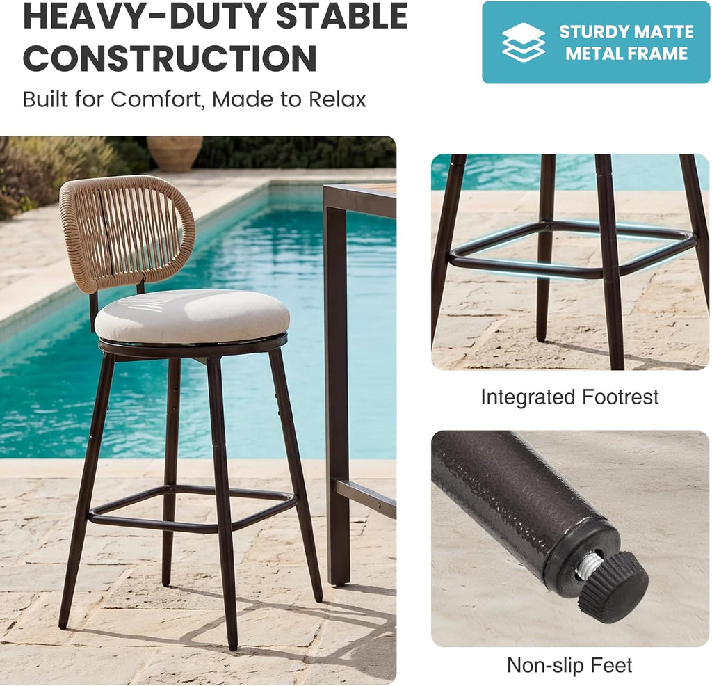 Outdoor Swivel Counter Bar Stools Set of 2, 360° Rope Counter Stools with Upholstered Seat, Metal Bar Chairs for Kitchen Island, Patio, Farmhouse, Boho, Beige