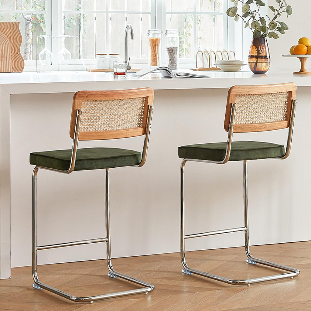 GrandNoor Natural Rattan Bar Stools Set of 2 with Solid Wood Back, 24 Inch Mid Century Modern Counter Height Stools, Green Upholstery Boho Stool for Kitchen Counter with Chrome Metal Legs