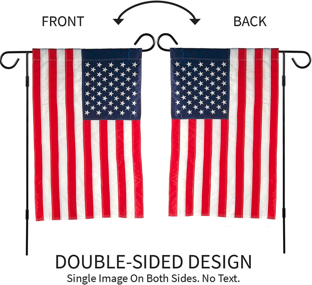 Evergreen 2 pcs American Flags with 2 Flag Stands | Set of 4 | Garden Flags 12x18 Double Sided | Patriotic House Flags For Outside | Small American Flag Garden Size | Embroidered Stars and Stripes | USA Residential or Commercial