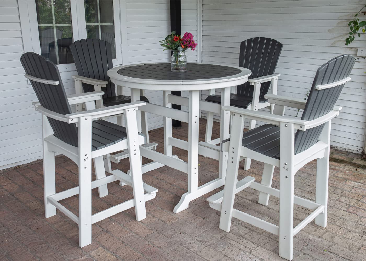 WILLIAMSPACE Patio Bar Table Set of 5, Outdoor Wicker Height Bar Table & 4 Chairs with Cushions & Wood Tabletop, Bistro Set for Backyards Porches (Brown+Grey)