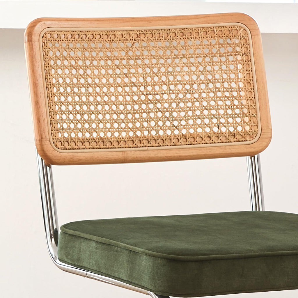 GrandNoor Natural Rattan Bar Stools Set of 2 with Solid Wood Back, 24 Inch Mid Century Modern Counter Height Stools, Green Upholstery Boho Stool for Kitchen Counter with Chrome Metal Legs