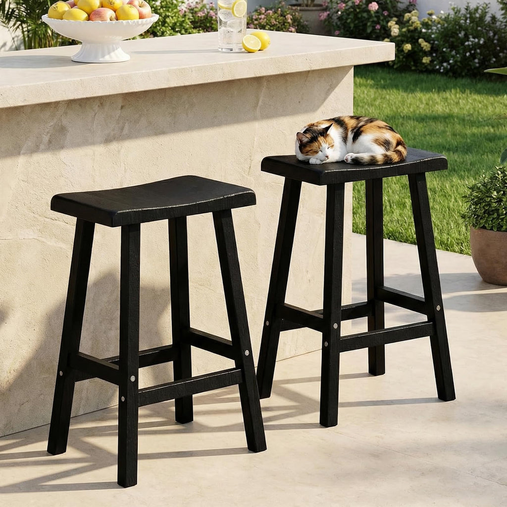 EFU Outdoor Bar Stools Set of 4,All-Weather Patio Stools & Bar Chairs, Heavy Duty Resin Saddle Stool with Protective Foot Pads,Waterproof 29 Inch Stool with Footrest for Deck,Balcony and Yard (Black)