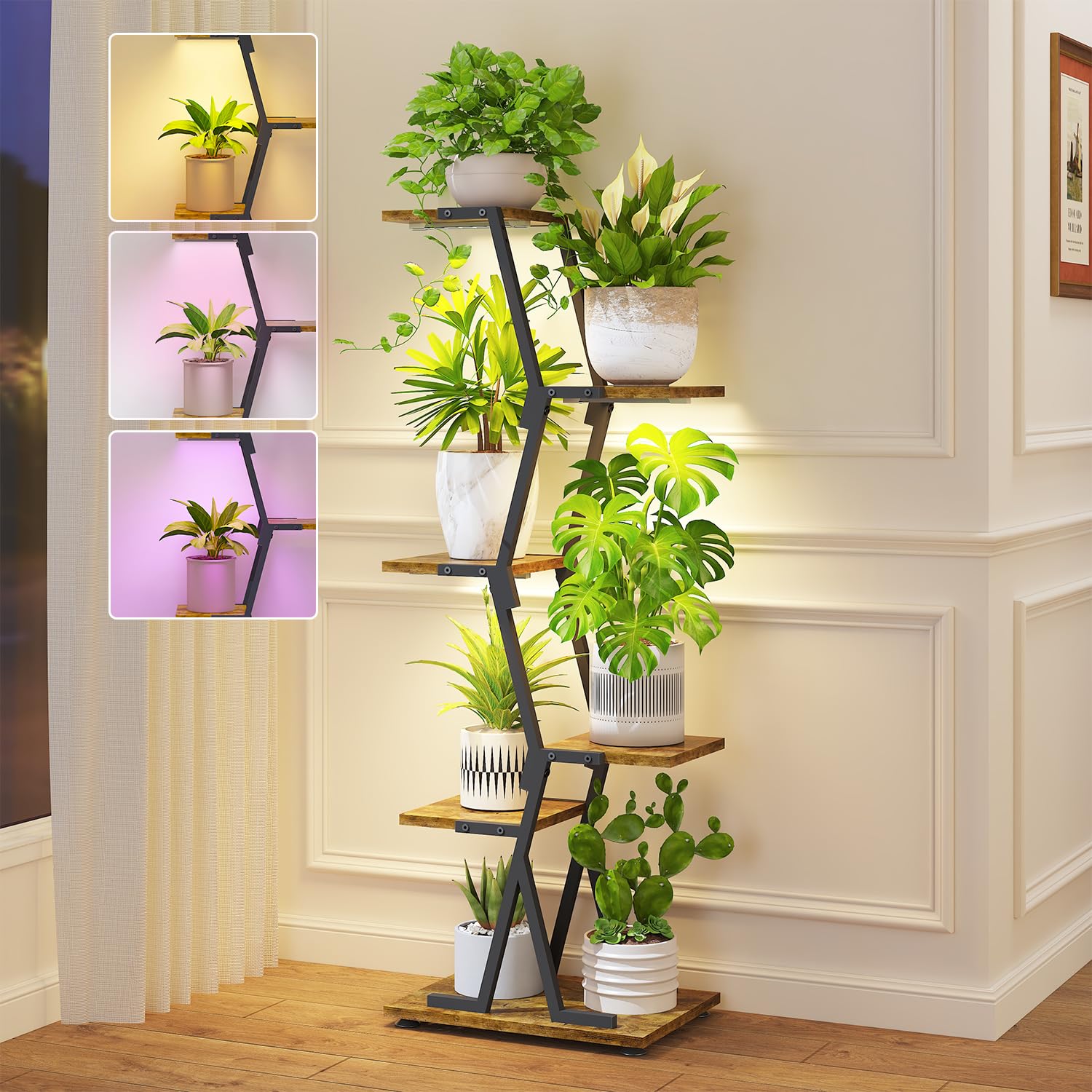 5-Tier Corner Plant Stand with Grow Light, Metal Wood Flower Rack for Indoor Balcony Display