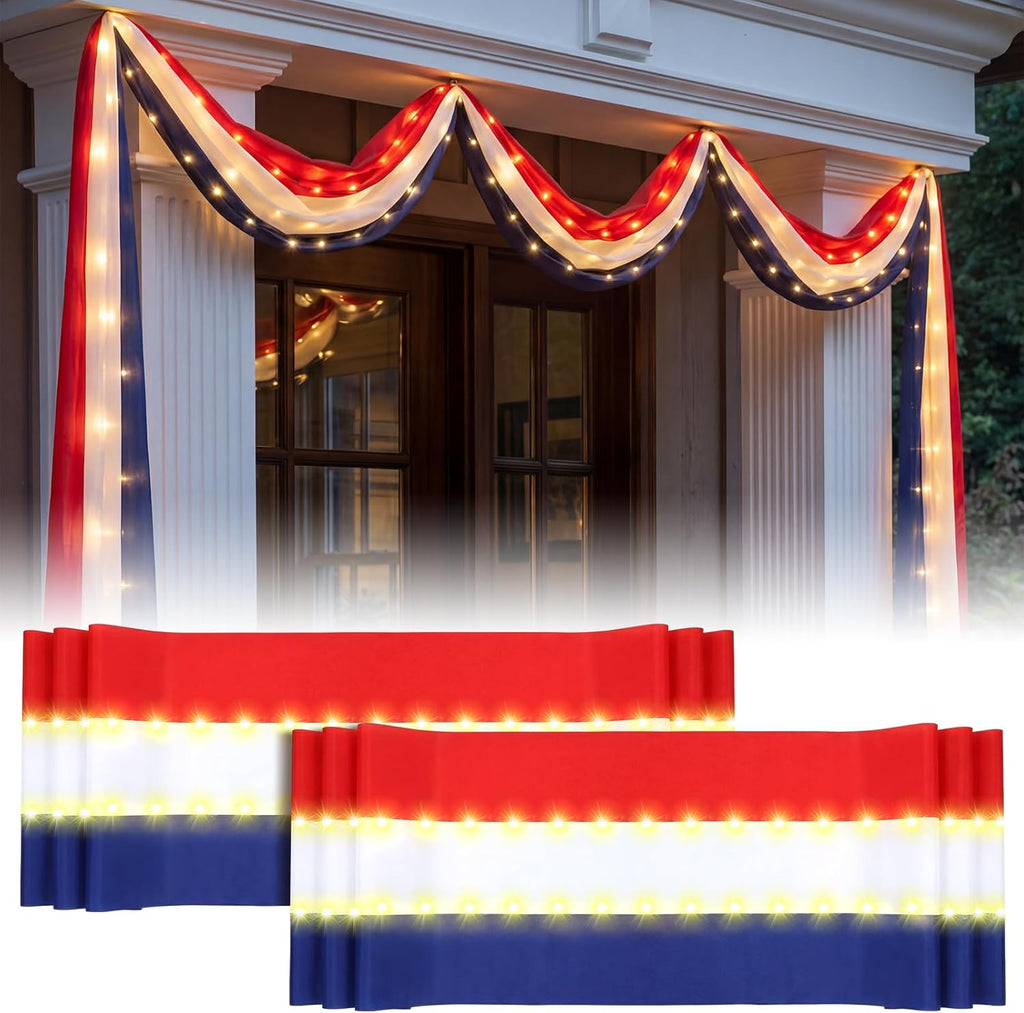 Tegeme 2 Pack 20 ft x 1.6 ft Lighted American Bunting Flag 4th of July Decor Red White Blue Patriotic Banner American Flag Lights for 250th Anniversary Independence Day Outside Yard Decor(Stripes)