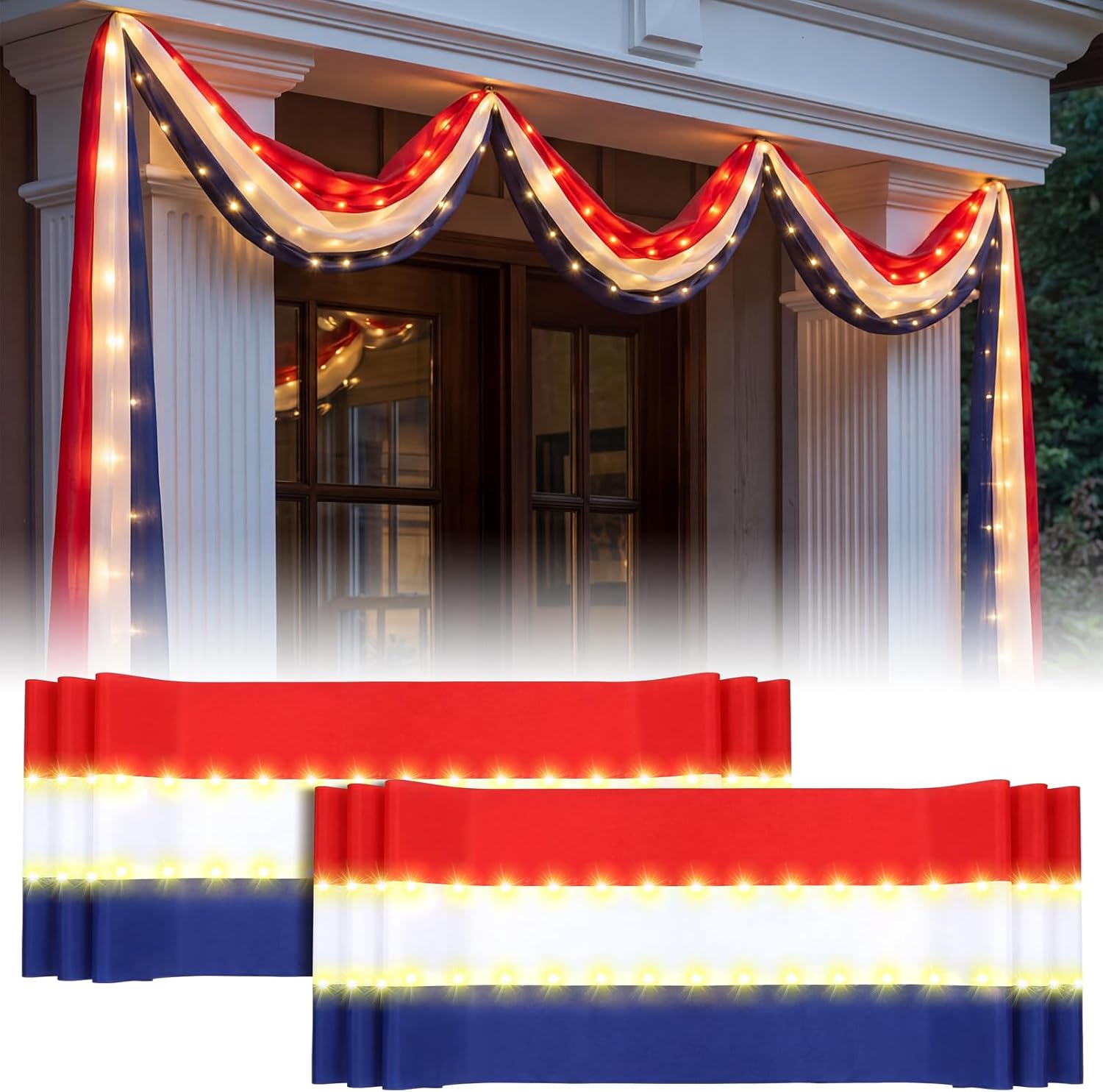 Tegeme 2 Pack 20 ft x 1.6 ft Lighted American Bunting Flag 4th of July Decor Red White Blue Patriotic Banner American Flag Lights for 250th Anniversary Independence Day Outside Yard Decor(Stripes)