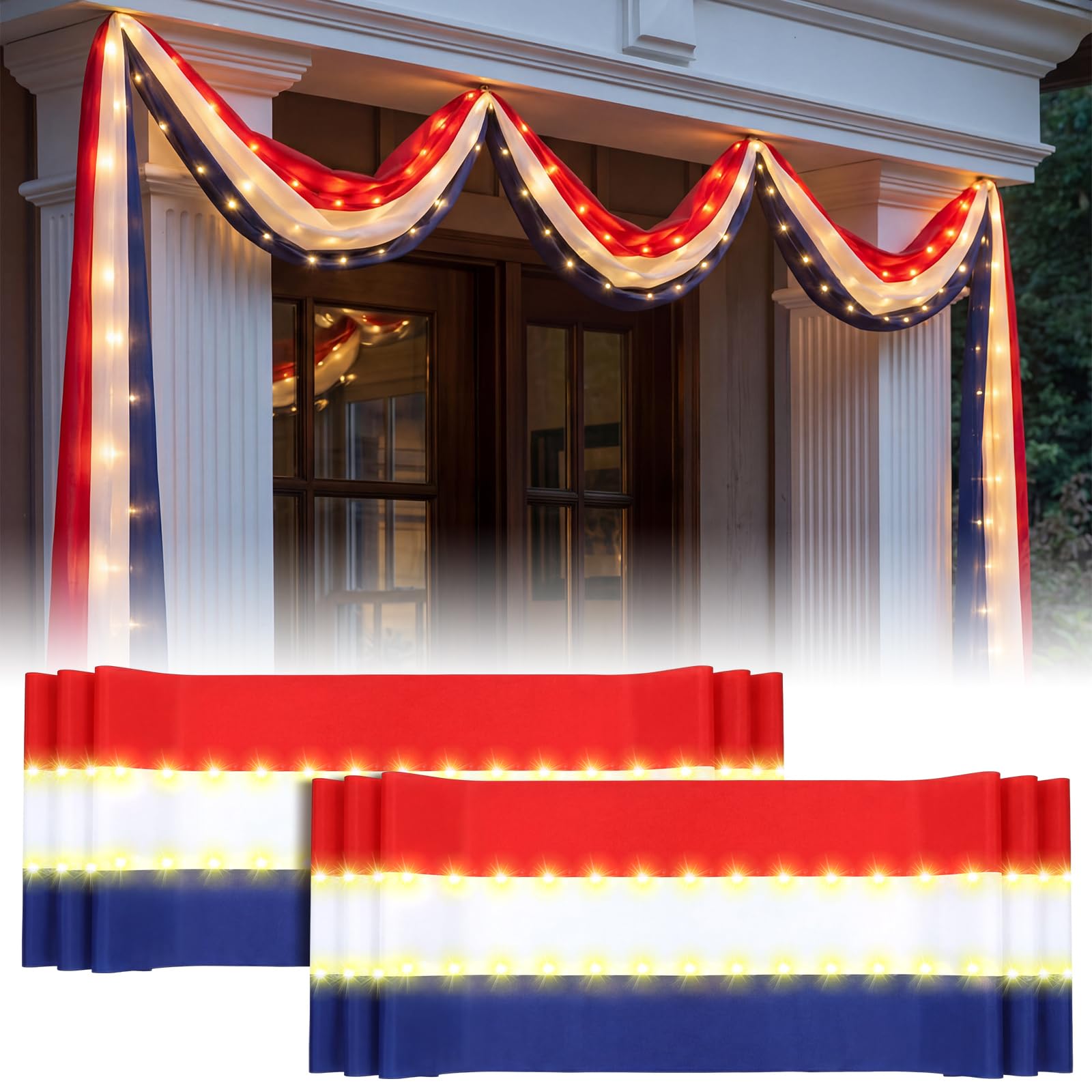 Tegeme 2 Pack 20 ft x 1.6 ft Lighted American Bunting Flag 4th of July Decor Red White Blue Patriotic Banner American Flag Lights for 250th Anniversary Independence Day Outside Yard Decor(Stripes)