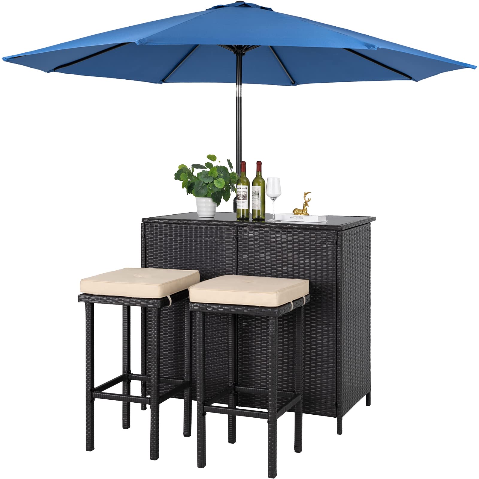 SOLAURA 3-Piece Outdoor Patio Bar Set Black Brown Wicker Bar Table Set Patio Furniture and Two Stools with Cushions for Backyards, Lawn, Garden or Poolside
