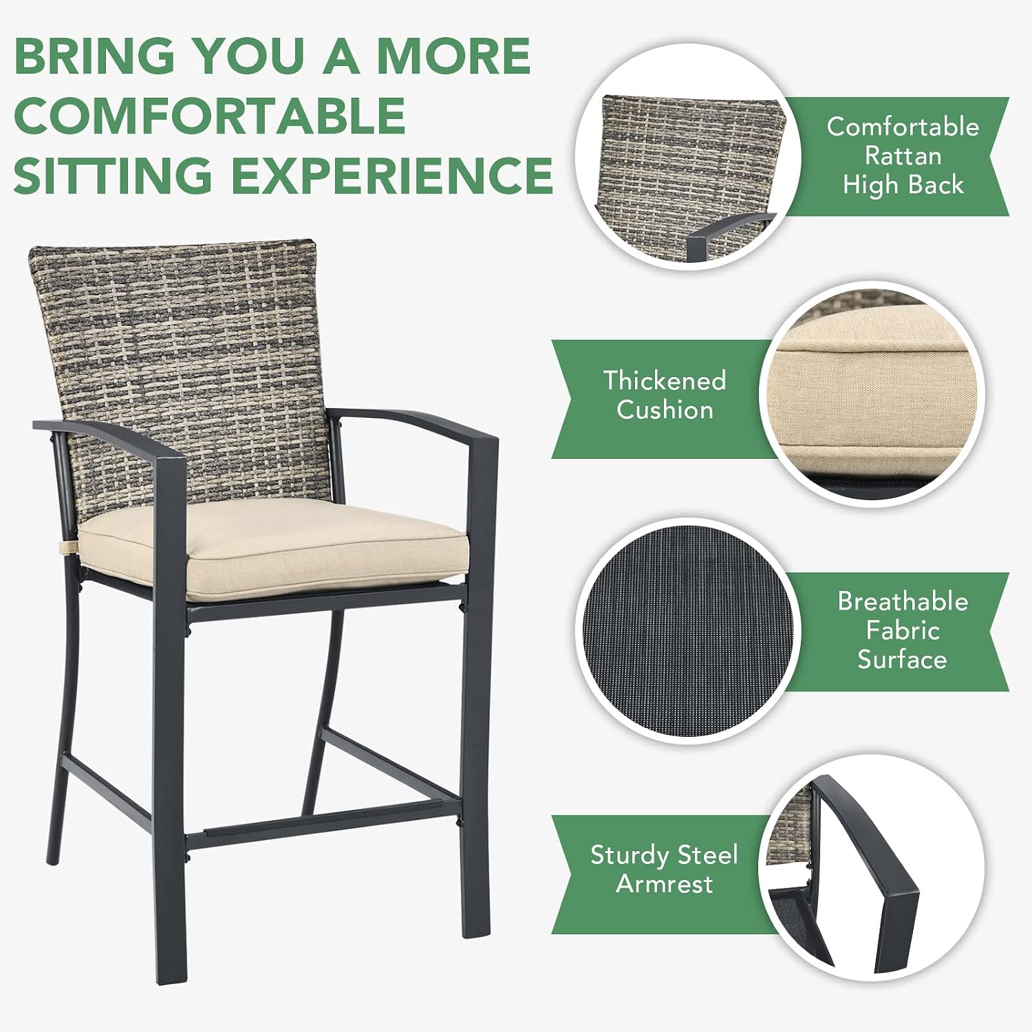 Tangkula 3 Piece Patio Bar Set, Outdoor Bistro Set w/ 27.5" Square Table, 2 Wicker Cushioned Chairs, Ergonomic Armrest & Backrest, All-Weather Rattan Furniture Set for Patio, Backyard, Garden