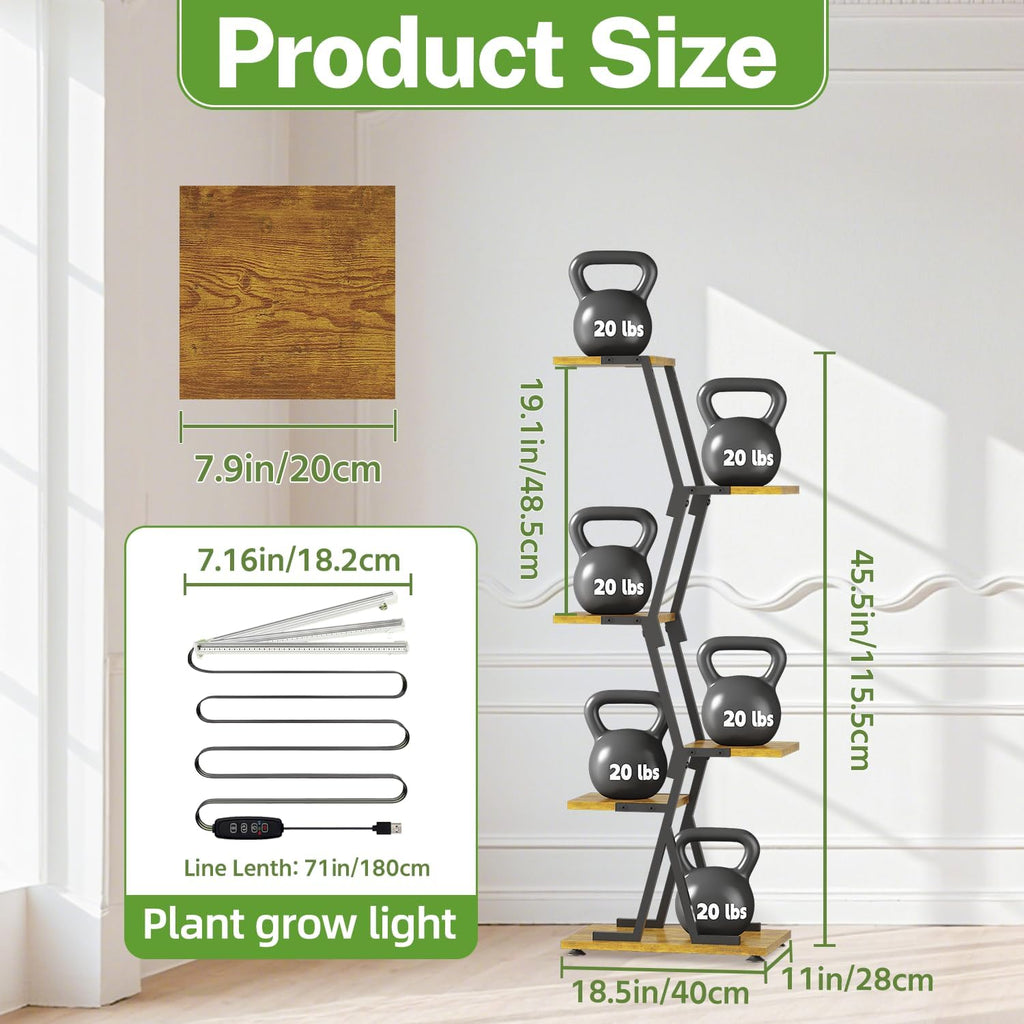 5-Tier Corner Plant Stand with Grow Light, Metal Wood Flower Rack for Indoor Balcony Display