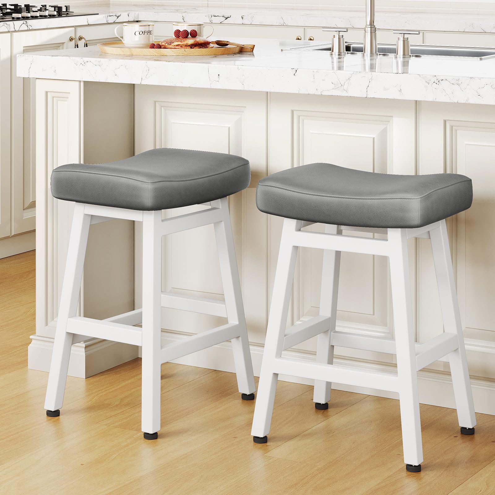 Raynesys Counter Height Bar Stools Set of 2, 24 Inch Barstools for Kitchen Counter, Kitchen Stools with Bonded Leather Saddle Seats & Heavy Duty Metal Legs, Easy Assembly, All Black