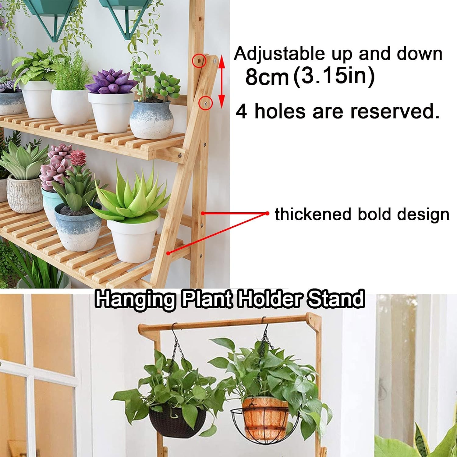 LIGUOYI 3 Tier Ladder Plant Shelves Flower Holder Racks Hanging Multi Plant Pot Holder Folding Display Shelving Bamboo Plant Stand Plants Shelf Unit Holder for Garden Balcony Living Room Patio