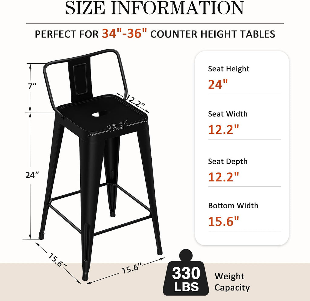 Metal Bar Stools Set of 4 Barstools Indoor/Outdoor Counter Height Bar Stools Bar Chairs with Back 24" Counter Height for Kitchen Island Dining Room (Black, 24inch)
